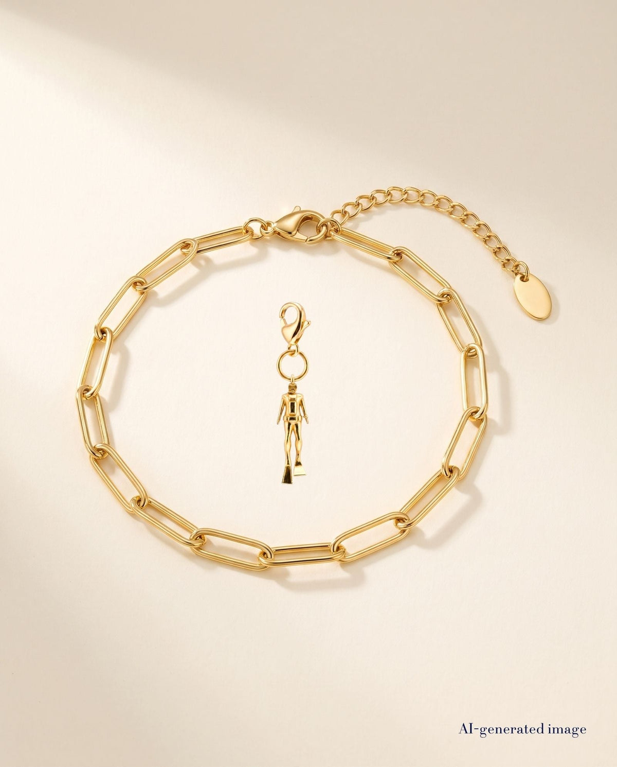 Taucher Charm Anhänger  und Paperclip Armband 18k PVD gold mit Karabinerverschluss  von BELOW WAVES