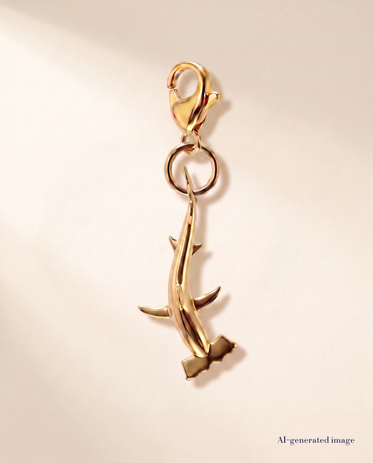 Bogenstirn-Hammerhai Charm Anhänger in 18k Gold PVD mit Karabinerverschluss von BELOW WAVES