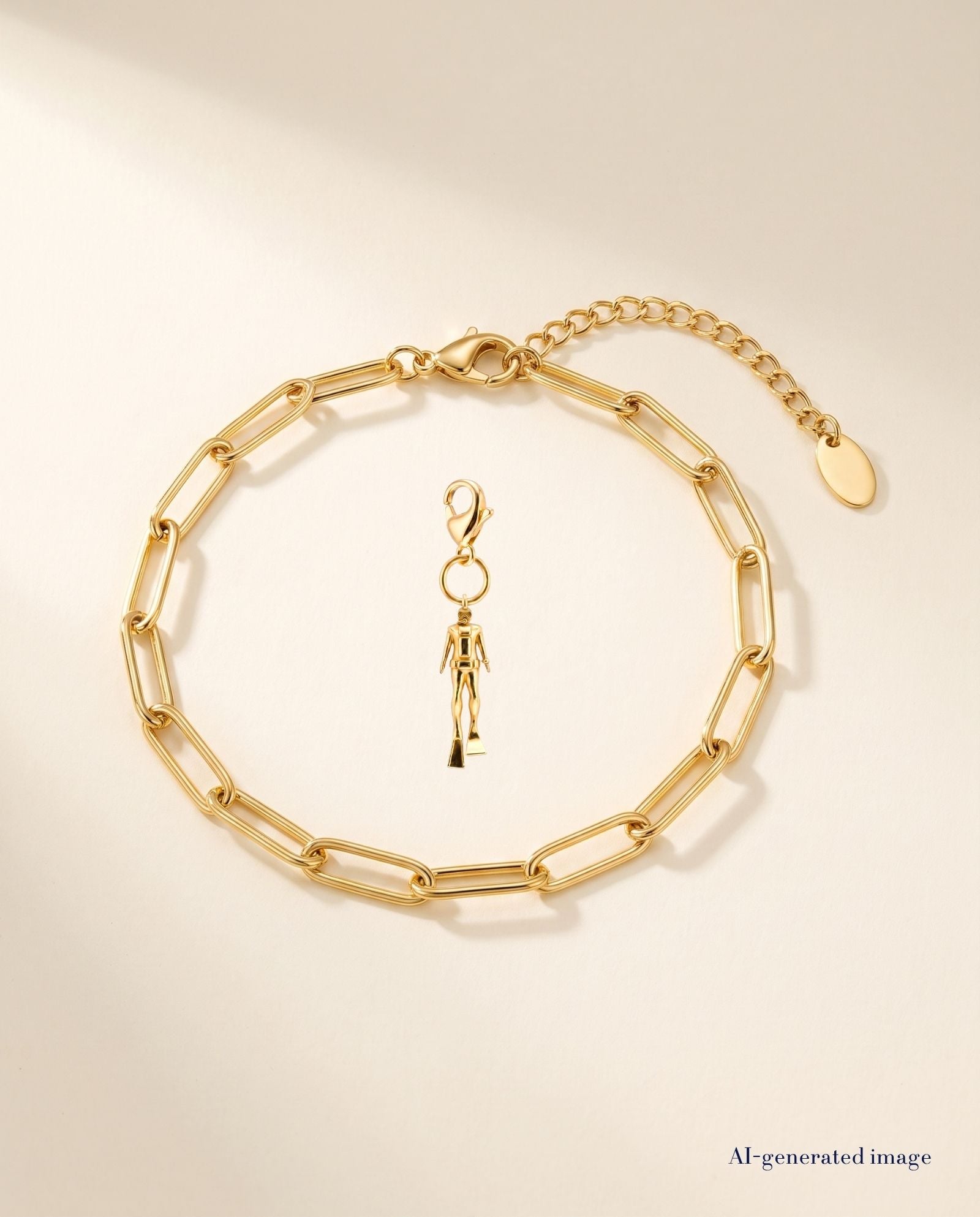 Taucher Charm Anhänger  und Paperclip Armband 18k PVD gold mit Karabinerverschluss  von BELOW WAVES