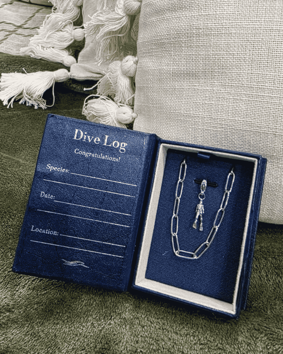 Mini Dive Log with Scuba Diver charm and bracelet in stainless steel