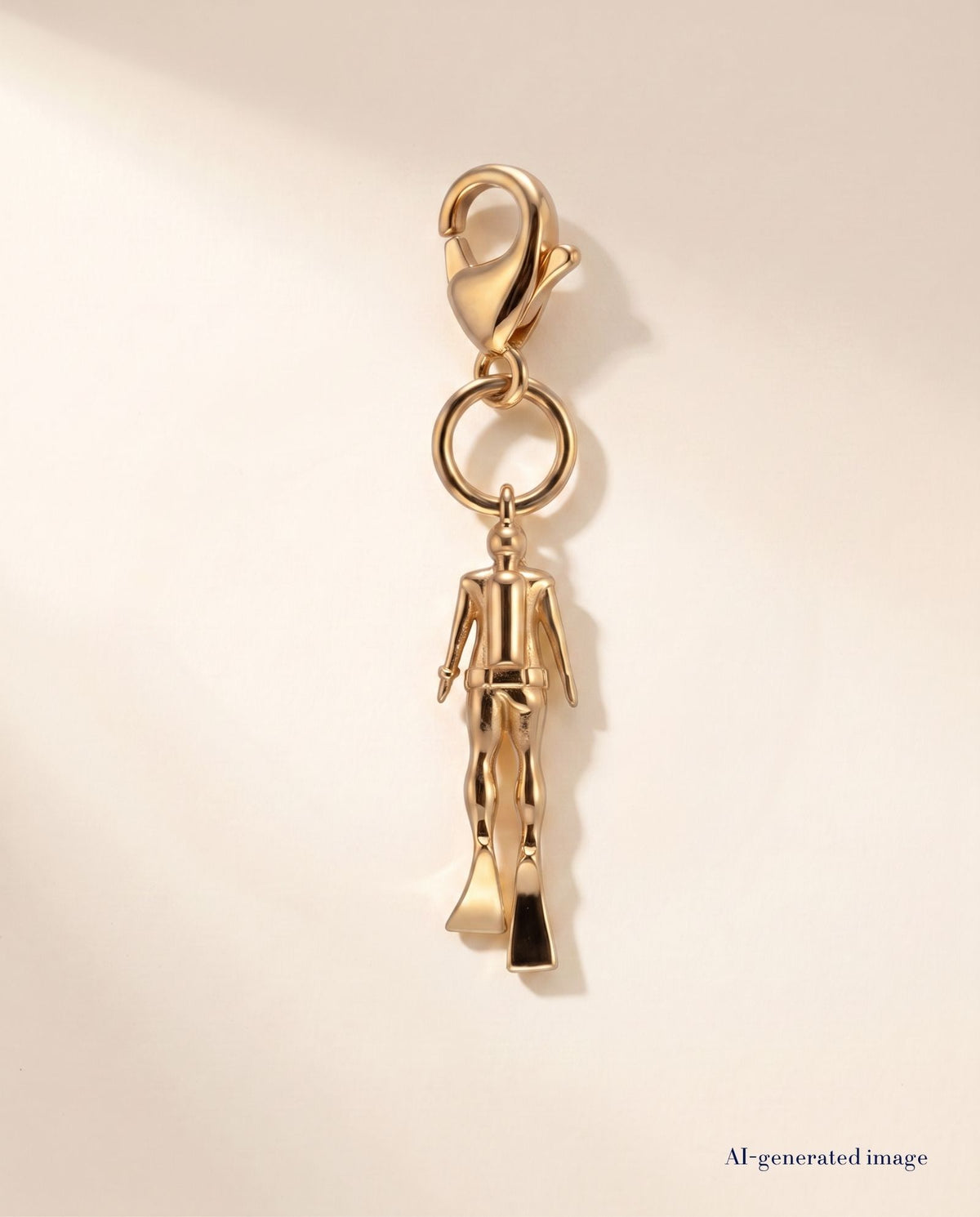 Collectable scuba diver charm from behind 18k PVD gold  - beige backdrop