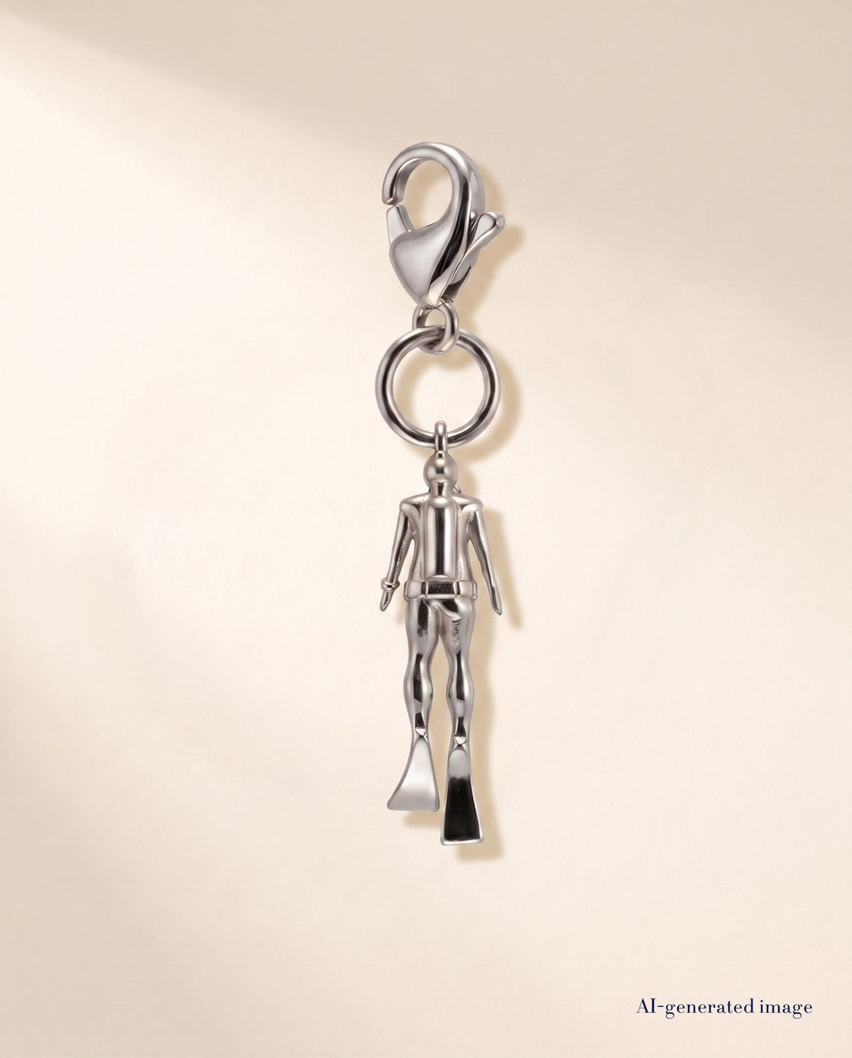 Collectable scuba diver charm from behind 316L stainless steel - beige backdrop
